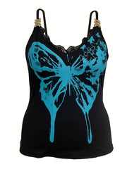 Goth Cami Top Women's Plus Butterfly Print Lace Trim V Neck Cami Top