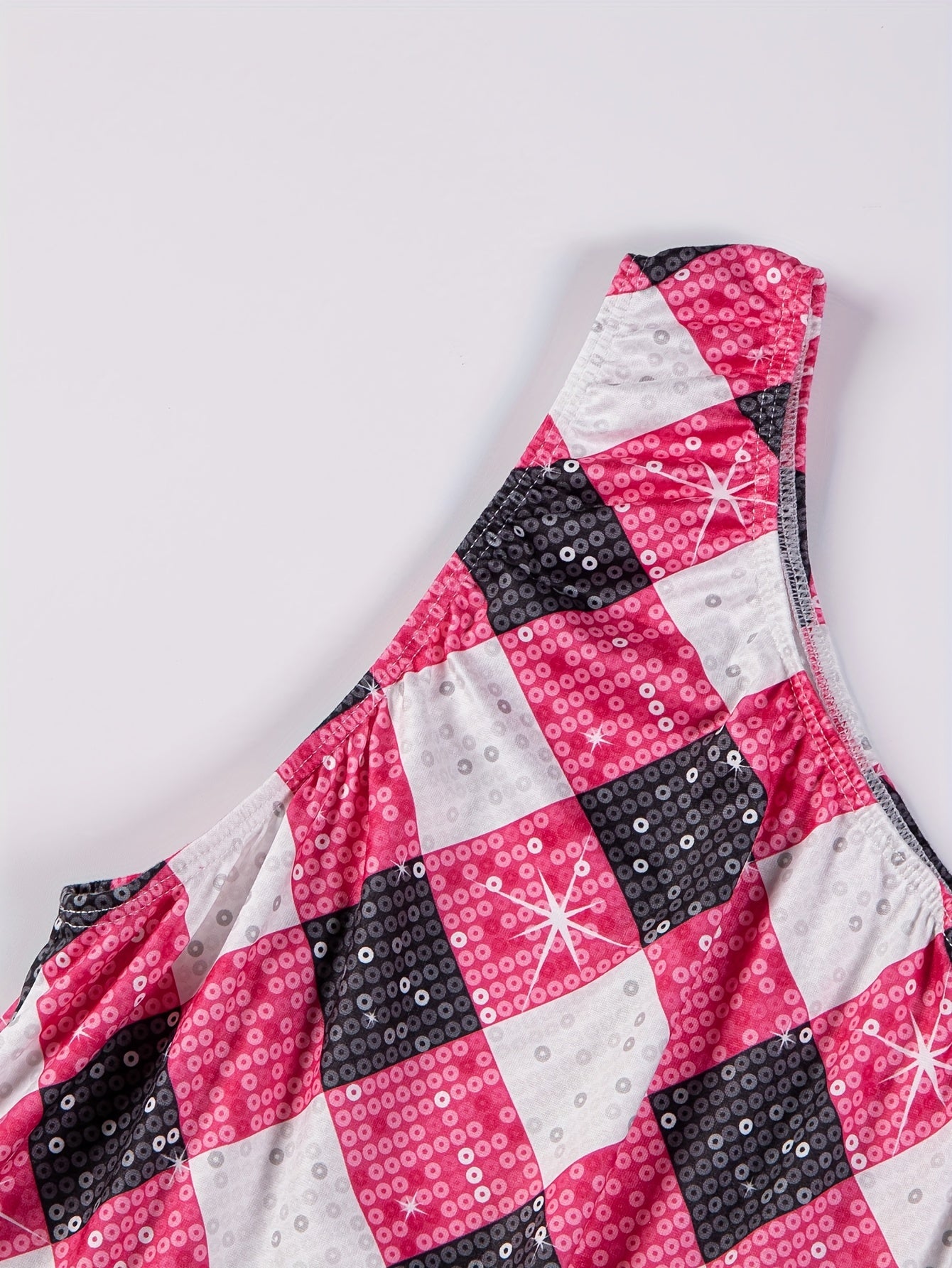 Plaid & Sequin Print One Shoulder Stretch Nightdress