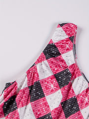 Plaid & Sequin Print One Shoulder Stretch Nightdress