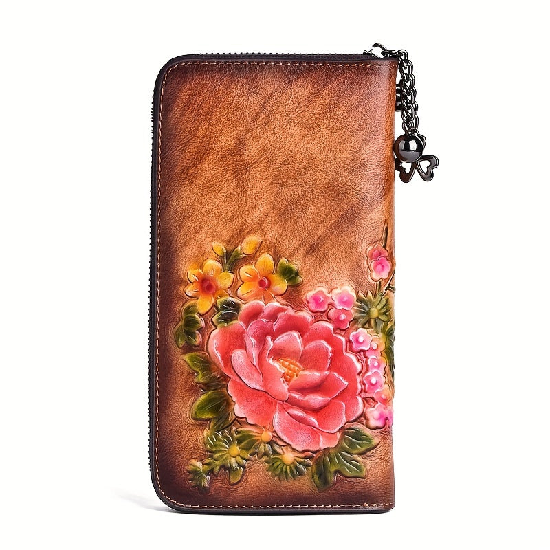 Floral Embossed Leather Wristlet Wallet for Women Zippered Clutch