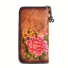 Floral Embossed Leather Wristlet Wallet for Women Zippered Clutch