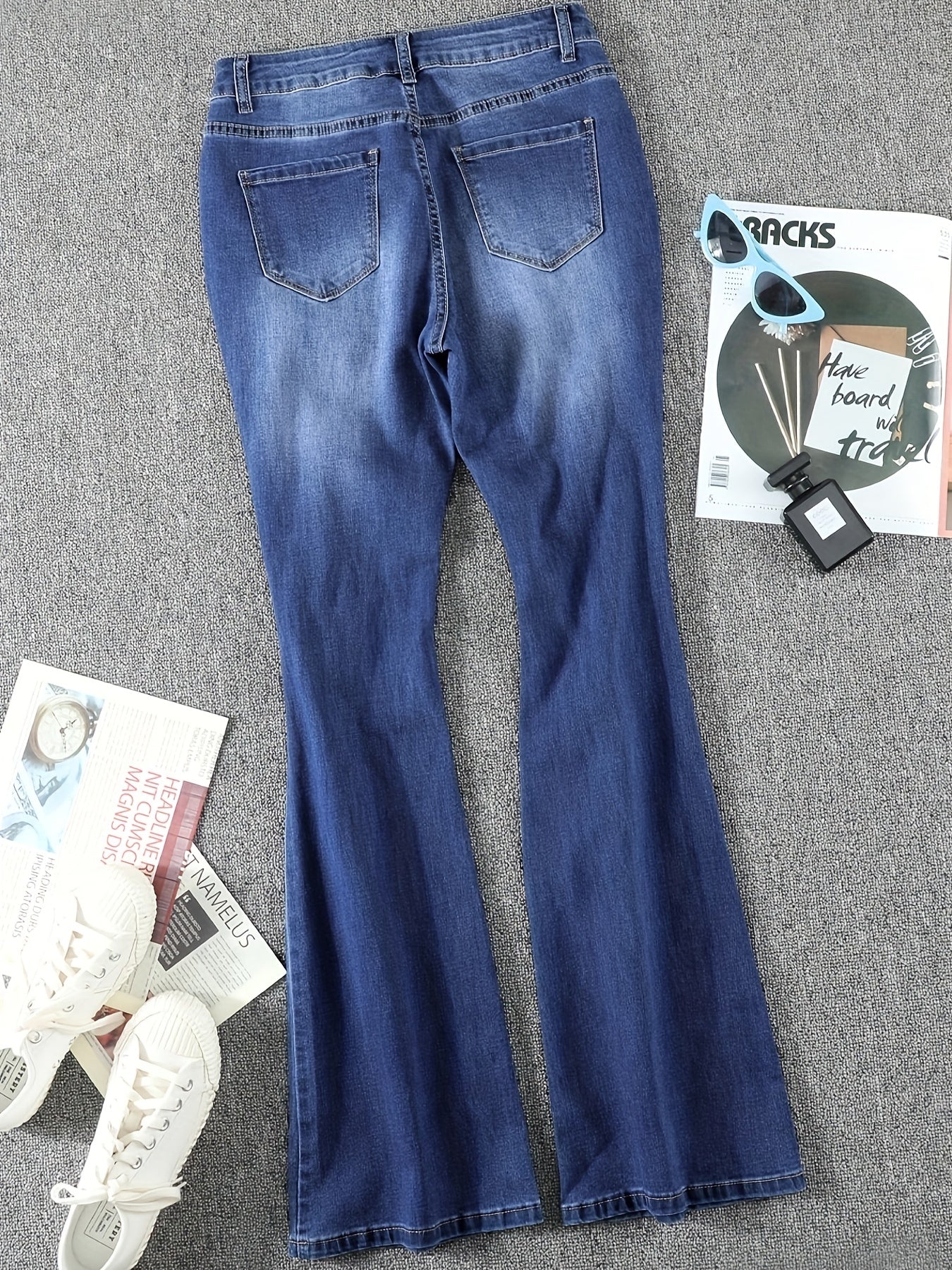 Ripped Holes Flare Jeans Mid Stretch Distressed Whiskered Bell Bottom Jeans