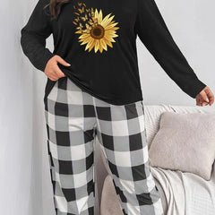 Sunflower & Butterfly Pajama Set Long Sleeve Tee & Plaid Pants