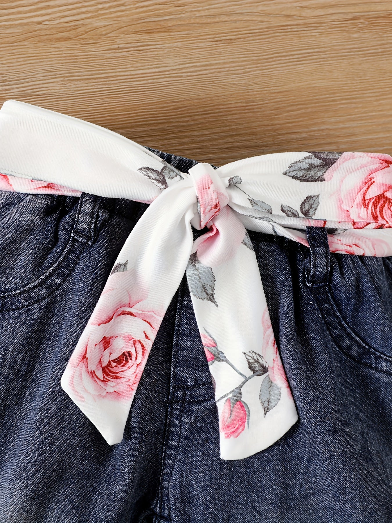 Baby Girls' Autumn Flower Printed Romper Jeans Set