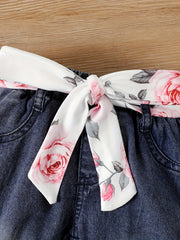 Baby Girls' Autumn Flower Printed Romper Jeans Set