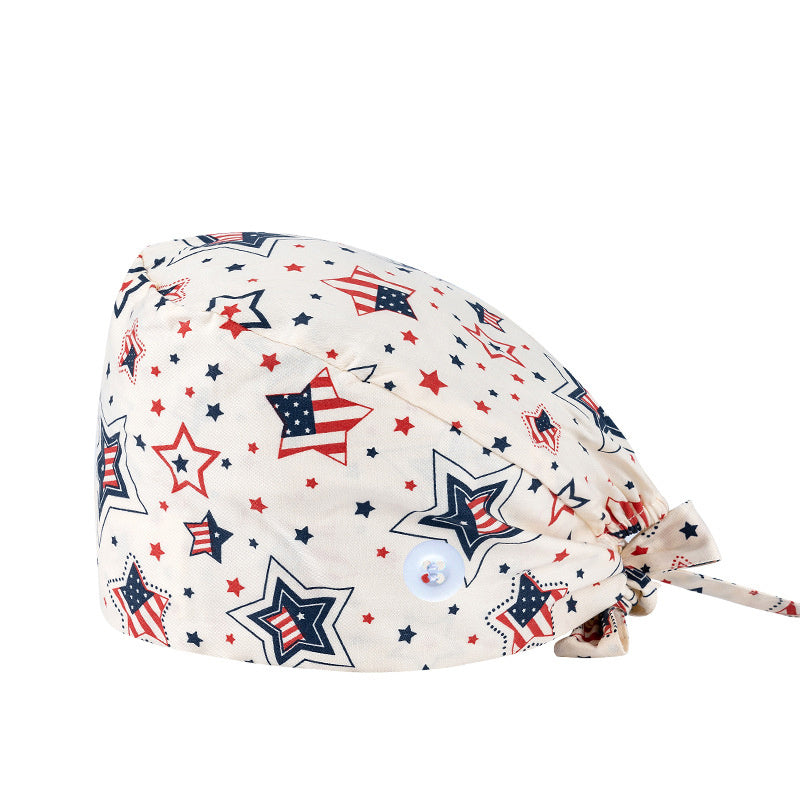 Cartoon Print Work Hat Adjustable Nurse Hat With Buttons Elastic Scrub Cap