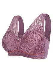 2 Pack Leaf Lace Zipper Front Full Cover Bra Set Plus Size