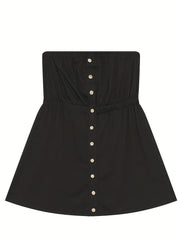 Button Detail Pleated Tube Top Casual Summer Sleeveless Top