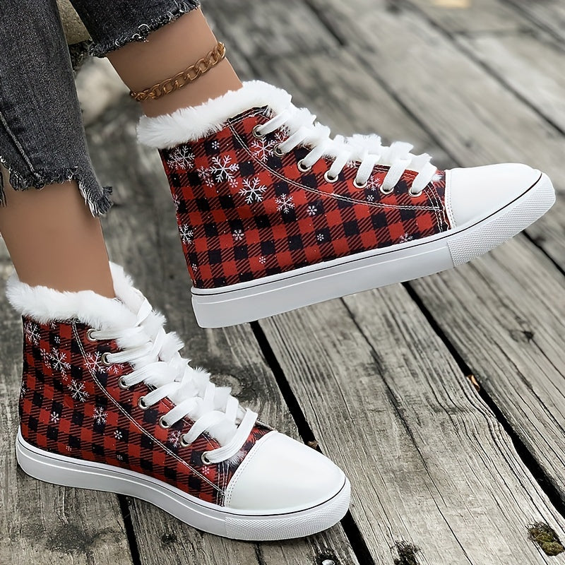 Christmas Plaid Plush Lined Flat Snow Shoes Keep Warm Canvas Sneakers