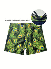 Men's Peacock Tail Feather Swim Trunks High Stretch for Beach & Pool