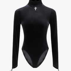 Gothic Cross Decor Mock Neck Bodysuit Long Sleeve One Piece Bodysuit