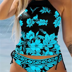 Floral Lace Up Halter Tankini Set Plus Size