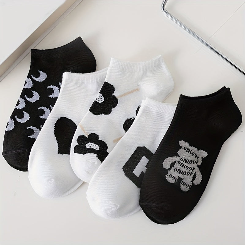 5 Pairs Letter & Floral Print Socks Crew Ankle Women's Stockings
