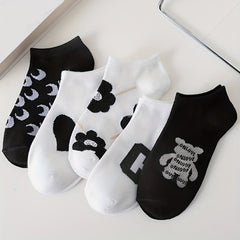 5 Pairs Letter & Floral Print Socks Crew Ankle Women's Stockings