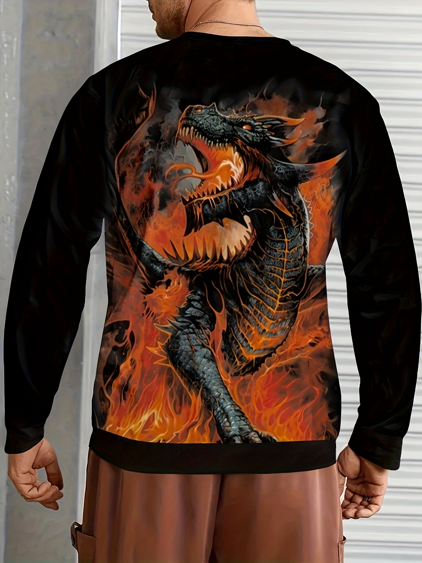 Dragon Print Sweatshirt Men's Casual Graphic Crew Neck Pullover Sweatshirt