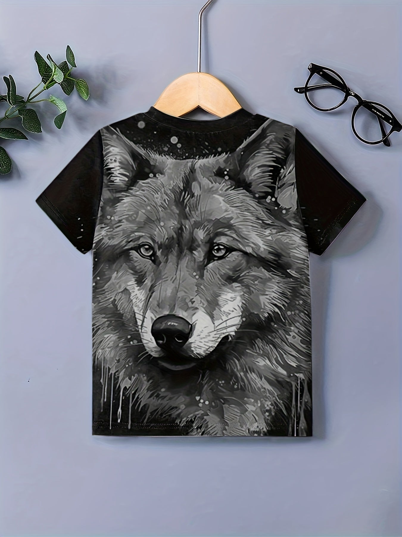 Wolf Portrait Print Tee Boys Round Neck Short Sleeve T shirt