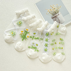 5 Pairs Floral Print Mesh Socks - Ruffle Ankle Stockings
