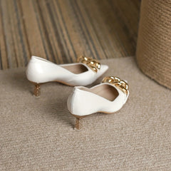 Chain Decor Pointed Toe Pumps Slip On Mid Heels