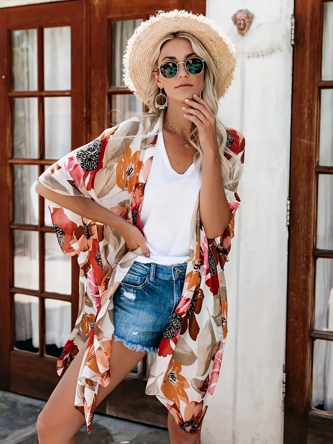 Floral Dolman Sleeves Chiffon Cover Up Kimono