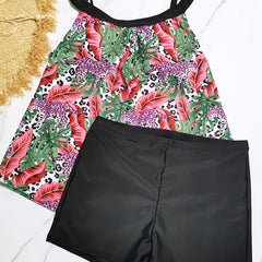 Vacay Tankini Set Leopard & Tropical Print Cami Top & Shorts Swimsuit