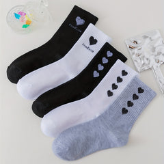 5 Pairs Heart Print Crew Socks Women's Stockings