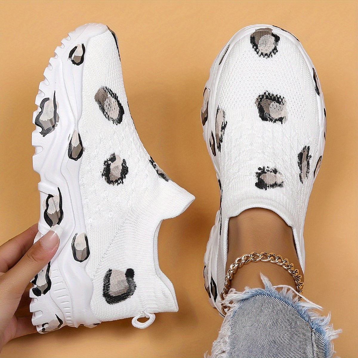 Leopard Print Platform Sneakers Slip On Breathable Running Shoes