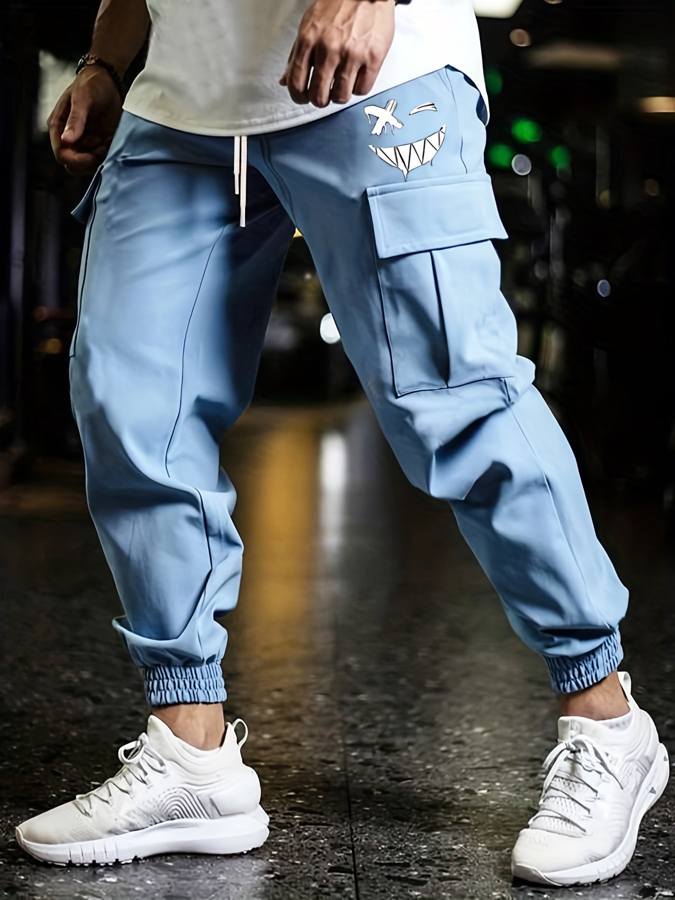 Smile Print Cargo Pants Men's Flap Pocket Trousers Loose Casual Outdoor Pants