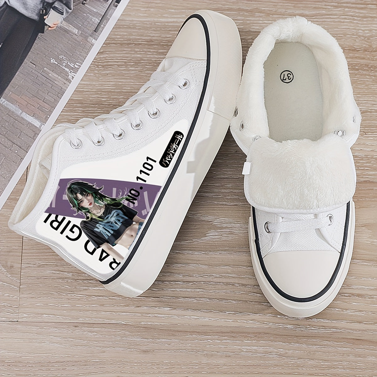 Anime Girl Plush Lined Canvas Sneakers Winter Warm High Top Shoes