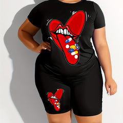 Women's Plus Cartoon Lips & Heart Print Tee & Shorts 2pcs Set