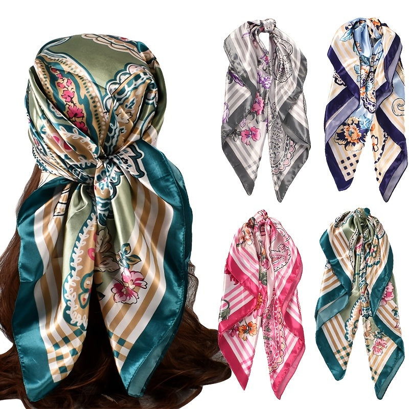 Print Flower Scarf Bandana Square Turban Lightweight Silk Head Scarf