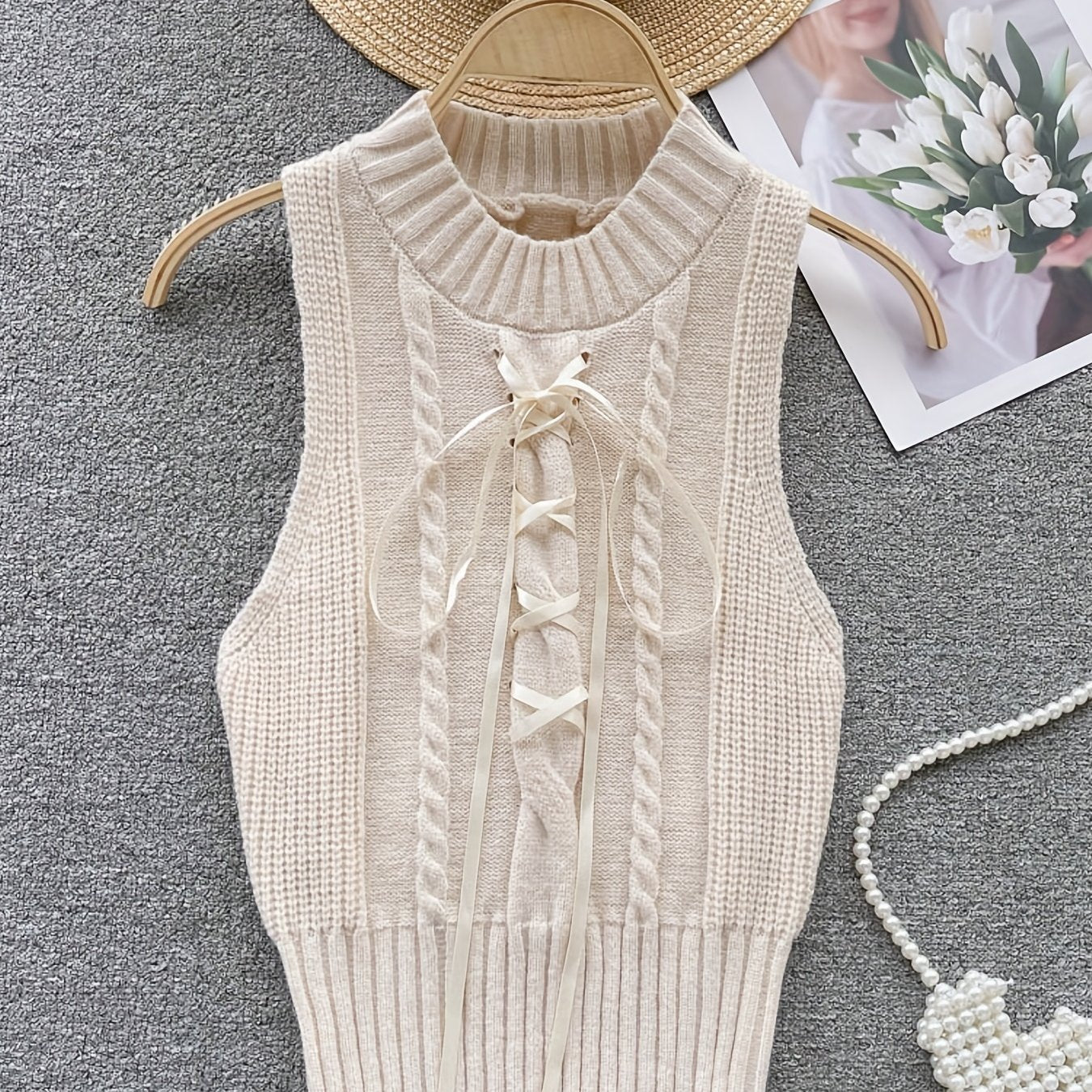 Solid Color Tie Front Vest Sleeveless Crew Neck