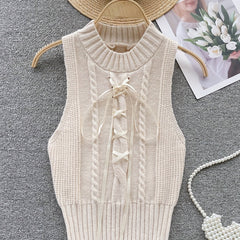 Solid Color Tie Front Vest Sleeveless Crew Neck
