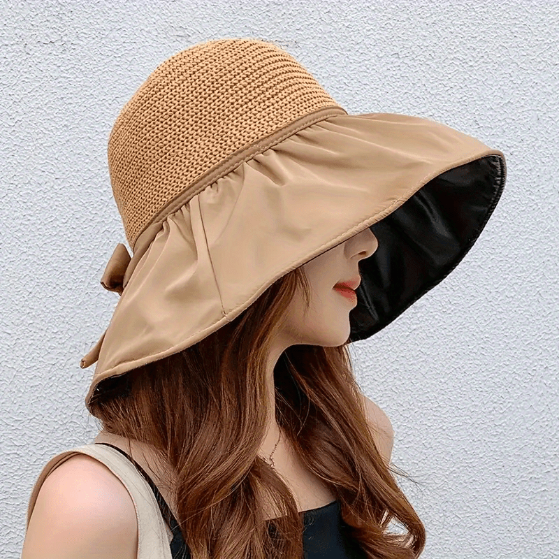 Wide Brim Bow Sun Hat Women Casual Sunscreen Bucket Hat UV Protection