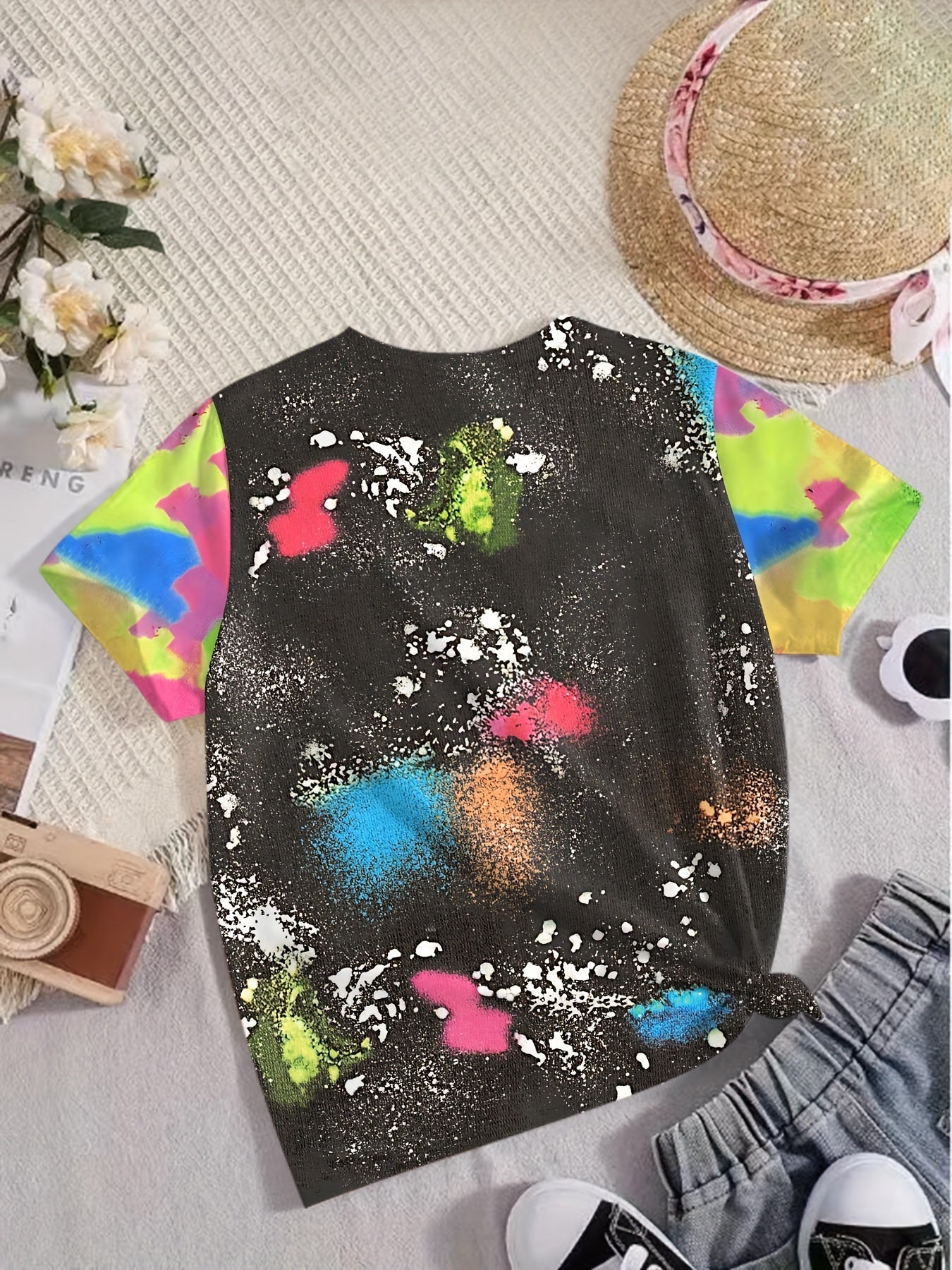 Girls Tie Dye Pattern Letter Print Short Sleeve T shirt