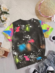 Girls Tie Dye Pattern Letter Print Short Sleeve T shirt