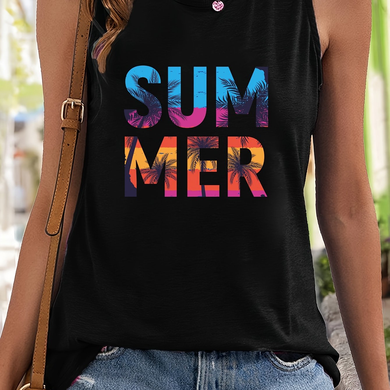 Tree & Summer Letter Pattern Stretchy Sports Vest Sleeveless Top