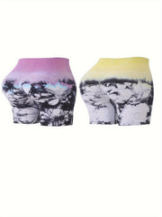2Pcs Tie Dye Yoga Shorts High Waist Butt Lifting Slimming Fitness Shorts