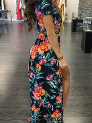 Floral Print Two piece Skirt Set V neck Crop Top & Split Skirt