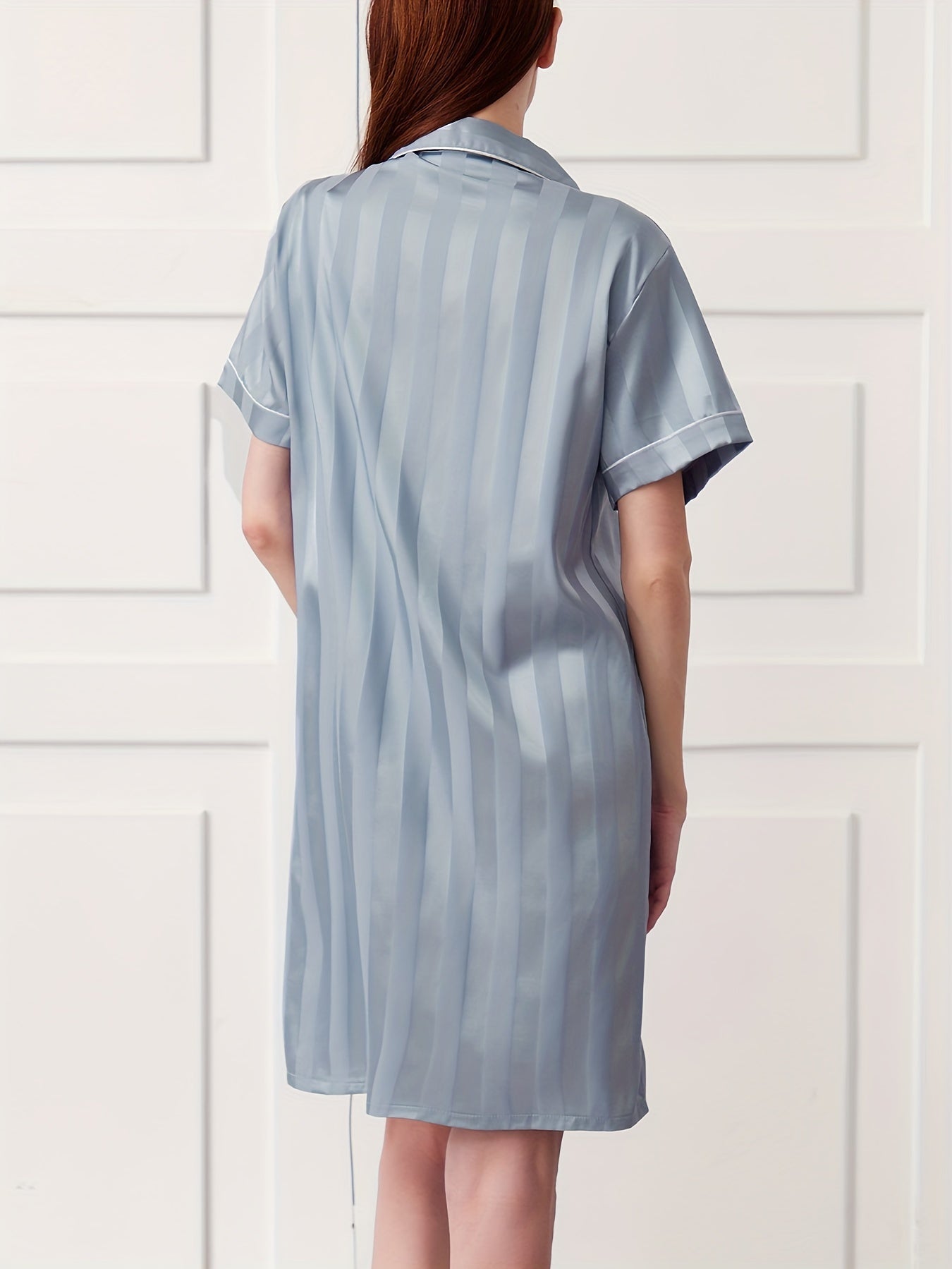 Striped Print Satin NightDress Short Sleeve Pajama Dress Women's Sleepwear