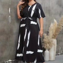 Brush Print Short Sleeve V Neck Maxi Dress