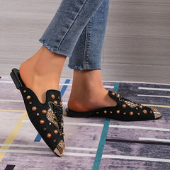 Rhinestone Decor Point Toe Flat Slide Sandals