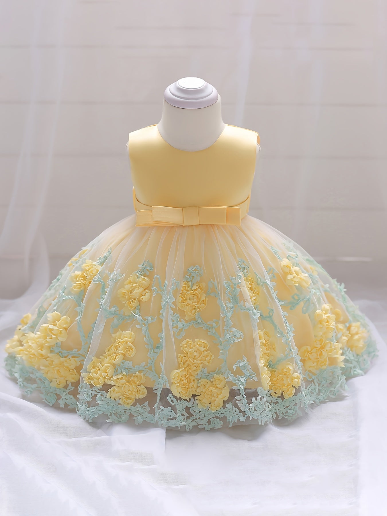 Baby Girls Floral Embroidery Mesh Sleeveless Princess Dress