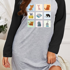 Nine Squares & Cat Print Raglan Sleeve Round Neck Tee Sleep Dress