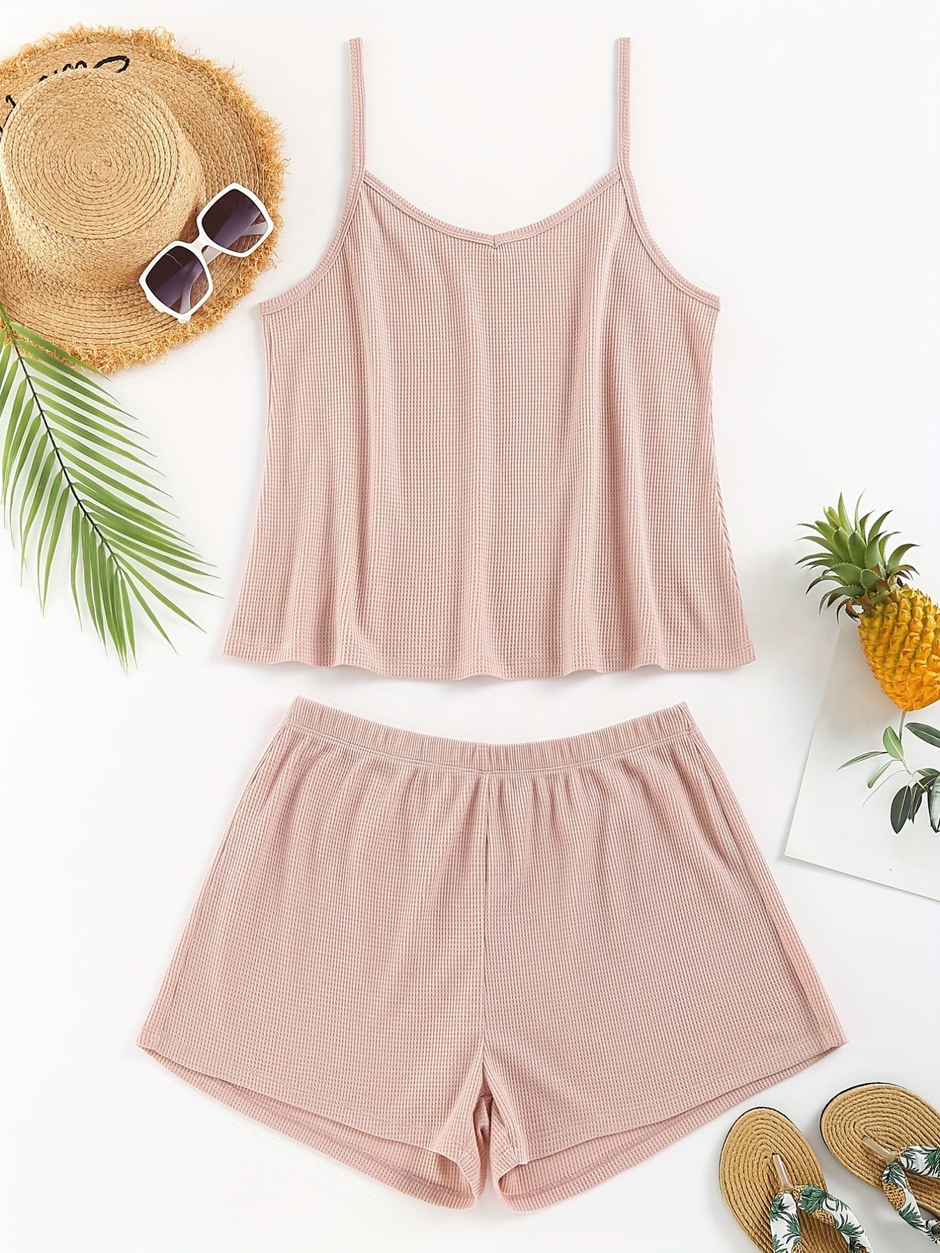 Solid V Neck Waffle Camisole & Shorts Pajama Set
