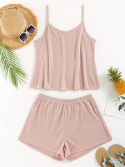 Solid V Neck Waffle Camisole & Shorts Pajama Set