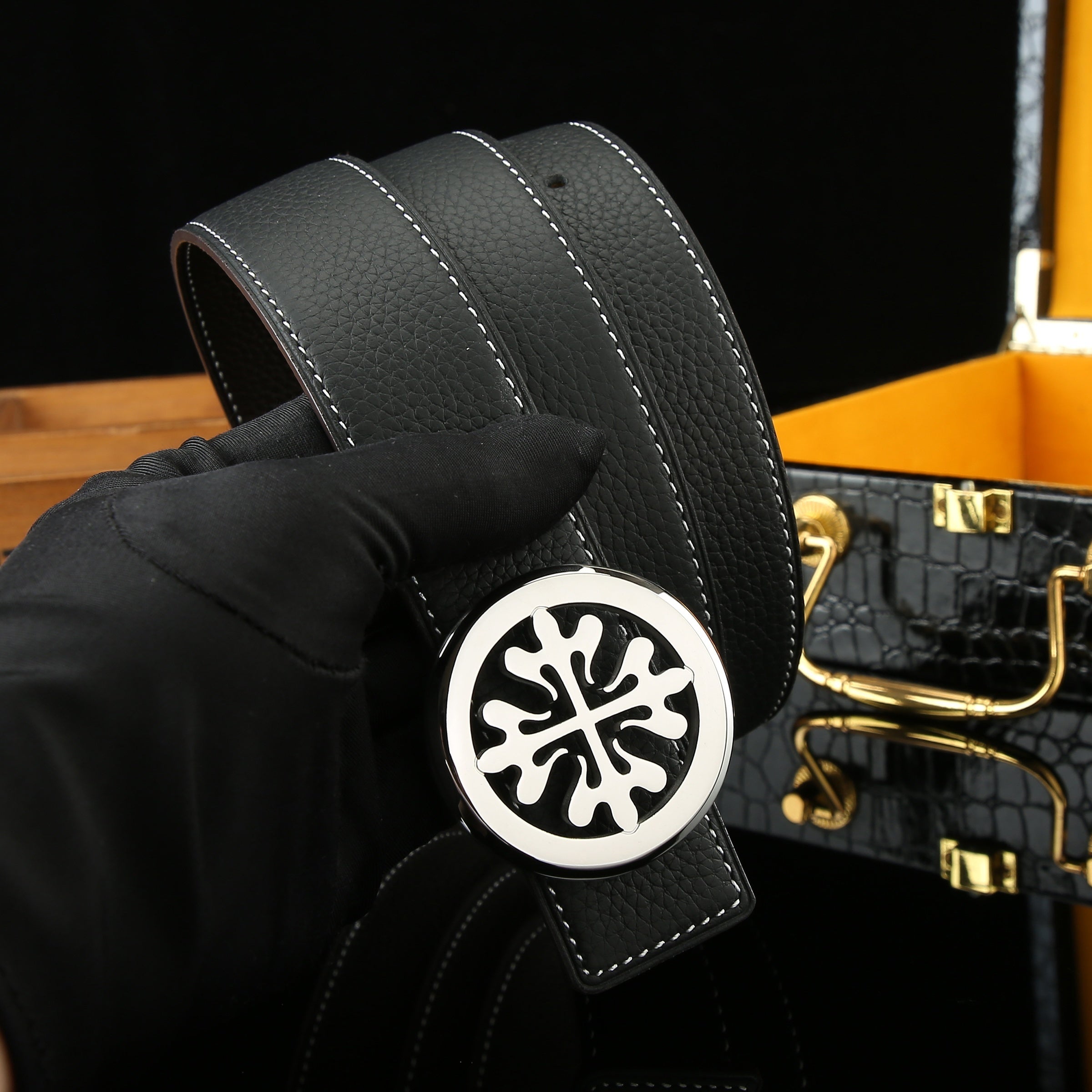 Men's Litchi Pattern Leather Belt With Buckle Double sided
