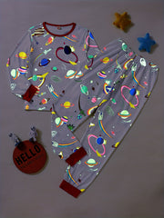 Boys Rocket Print Pajamas Set Long Sleeve Round Neck Top & Pants