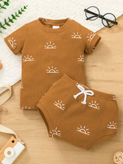 Baby Boys Cotton T shirt Tee Matching Drawstring Shorts With Sun Print