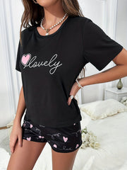 Heart Print Pajamas Set Short Sleeve Crew Neck Top & Shorts