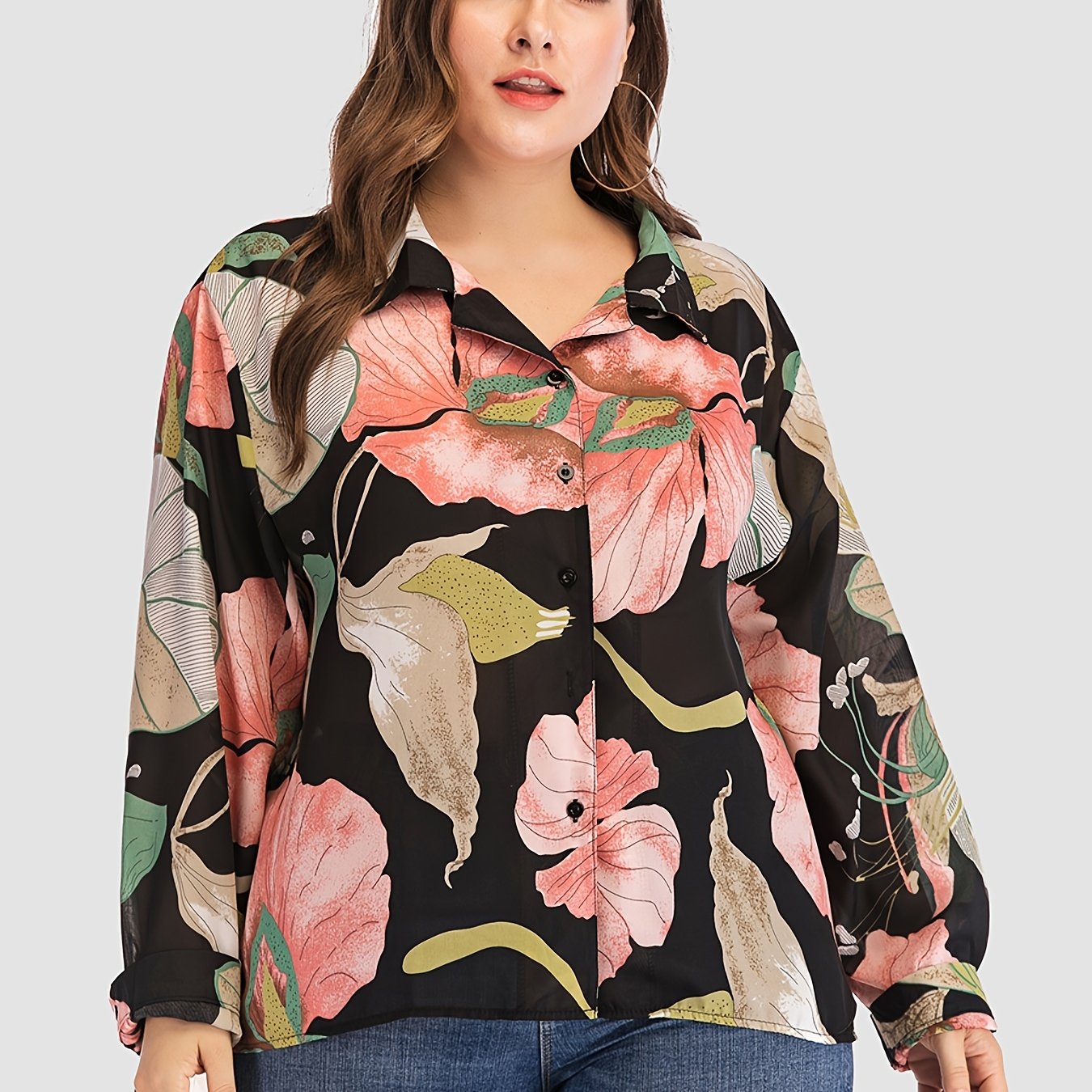 Women's Floral Print Button Up Long Sleeve Blouse